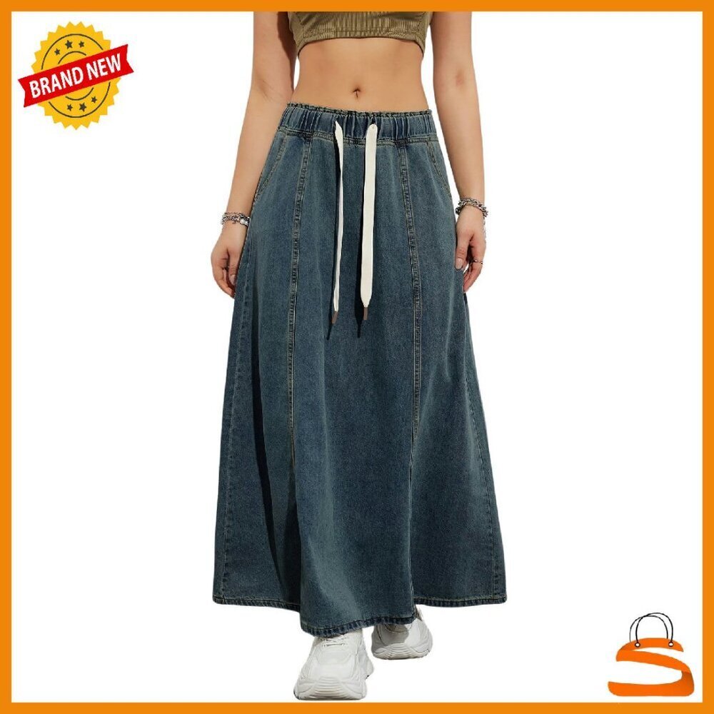 Women's Casual Paperbag Elastic High Waist A Line Long Maxi Flare Denim Skirt